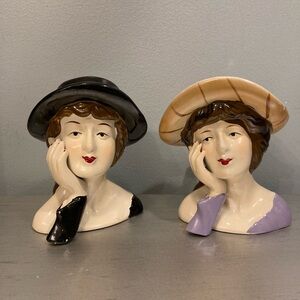 2 vintage mid-century hand painted ceramic lady Head Bust figurines